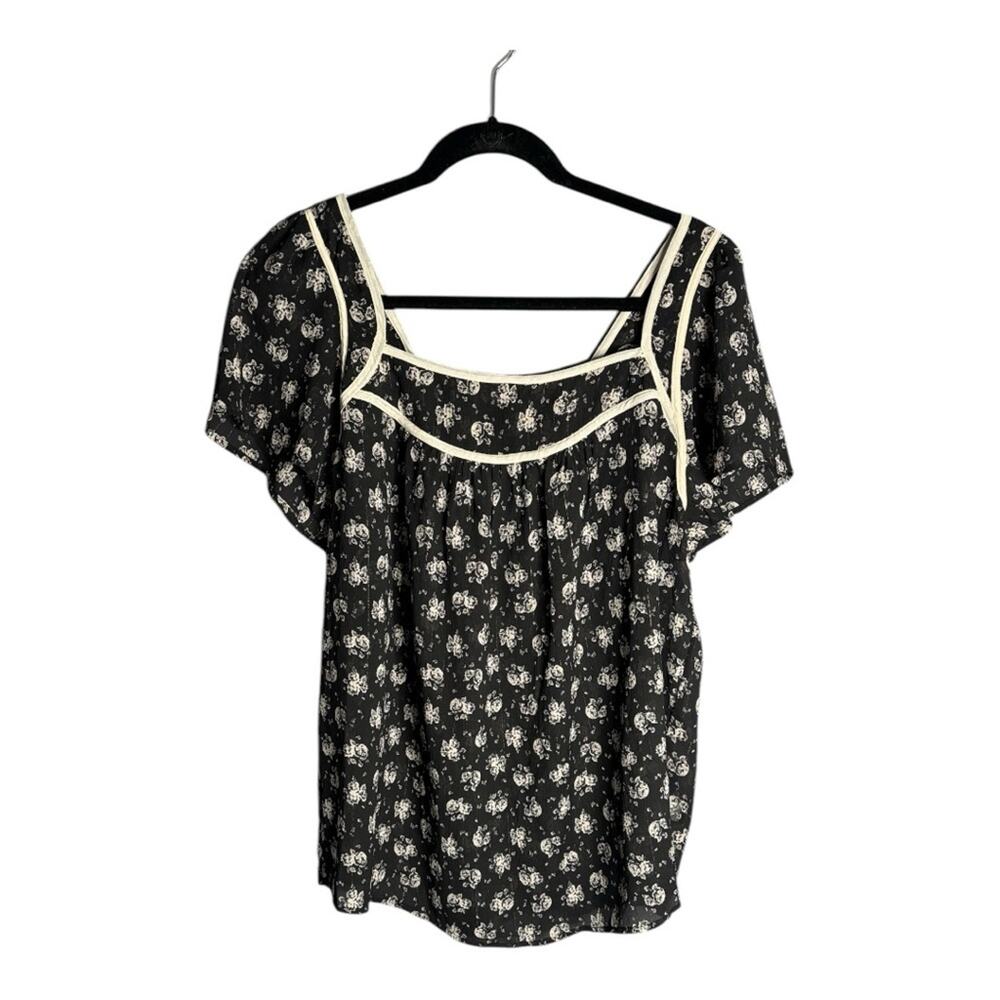 Torrid Black White Floral Short Flutter Sleeve Sheer Blouse 00 10/12